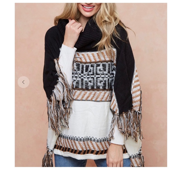 Cowl Neck Sweater Black/Camel/Ivory Isle Poncho with Fringes - Picture 5 of 5